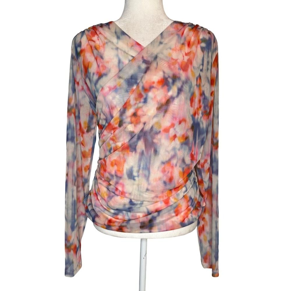 Anthropologie Mesh Crossover Long Sleeve Blouse Watercolor Large Semi Sheer - Picture 3 of 11